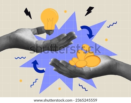  Money for ideas or sell idea or investing or crowd funding concept bright colored illustration with online changing money for idea. Vector illustration Royalty-Free Stock Photo #2365245559