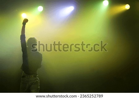 Picture about a male rock'n'roll singer on the stage sings into a microphone with raised left hand