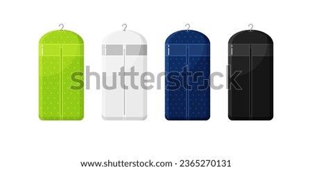 Clothes storage cover, dust protection bag with pattern for garment. Vector cartoon set of plastic dustproof suit cover bags with zipper and hanger for adult dress, coat and jacket. Laundry icons Royalty-Free Stock Photo #2365270131