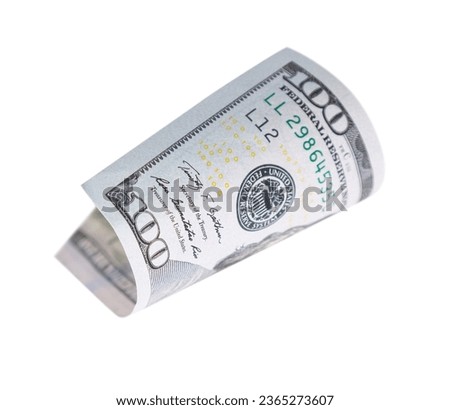 One Hundred Dollar Bill Falling or Floating on Empty Background.