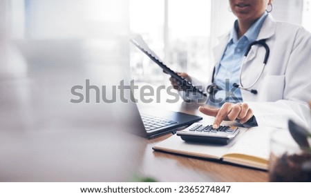Accounting doctor, calculator and hands of person calculating bookkeeping finance, hospital budget or medical savings. Mockup space, healthcare and accountant working on taxes, audit or compliance
