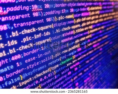 Big data concepts working in cyberspace environment. Application web source code on monitor. Cyber abstract of web application. Hacker breaching net security. Hacker background. Web software