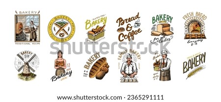 Bread, long loaf or baguette. Engraved hand drawn in old sketch and vintage style for label, logo and menu, bakery shop. Royalty-Free Stock Photo #2365291111