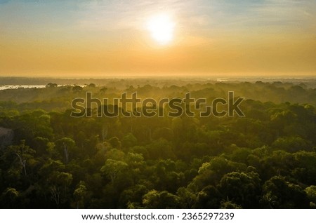 Scenic aerial sunset view of rainforest jungle in Amazonas state Brazil Royalty-Free Stock Photo #2365297239