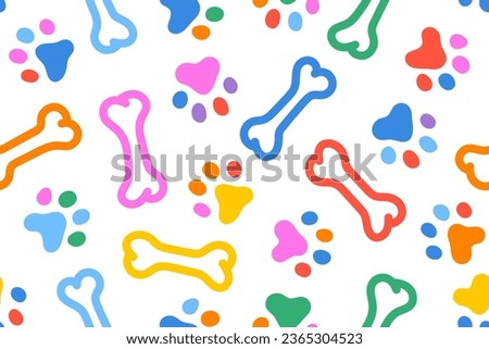 Colorful dog footprint with bone pattern. Dog paw doodle Seamless pattern vector wallpaper background.