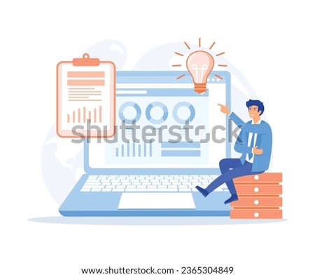 Business intelligence concept, businessman sit on a coin with various items and symbols on laptop, flat vector modern illustration