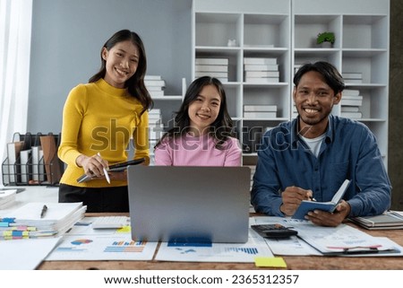 Confident group of asian businessmen working together in office technology creative team brainstorming meeting calculate income graph document internet partner teamwork concept of coworkers.
