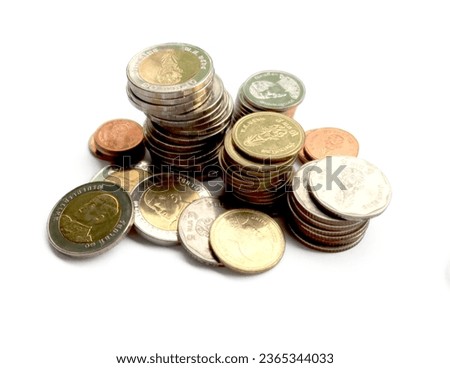 Stacks of coins in various sizes and valued, View from the top, Currency THB, Financial and commit business concept Royalty-Free Stock Photo #2365344033