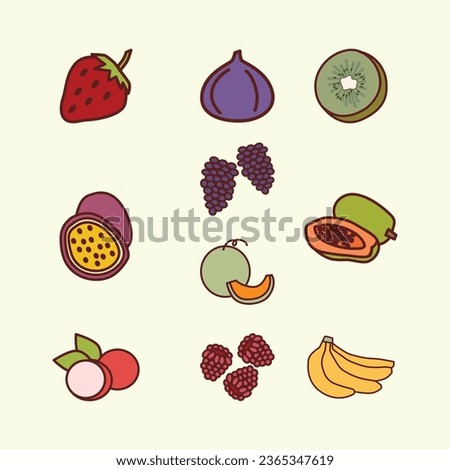 Set of Summer Fruits Cute Flat Line Illustration
