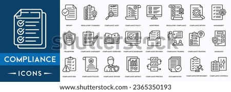Compliance icon set. Checklist on the clipboard line icon with checkmarks, checklist, document, gear, Review, Compliance Management, Framework, Assessment outline icons. Royalty-Free Stock Photo #2365350193