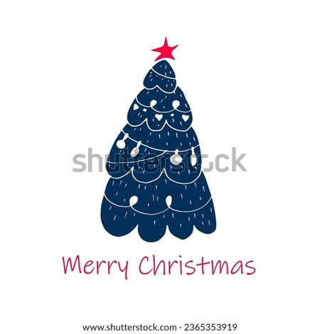 Christmas Fir Tree Decorated with Star and Baubles Doodle Vector Illustration. Merry Winter Holiday