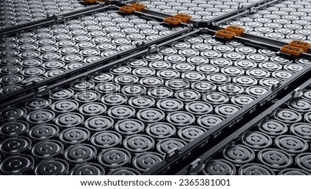 Close-up of EV Battery Cells Stacked inside Modules. High Capacity Battery for Automotive Industry. Lithium-ion High-voltage Battery for Electric Vehicle or Hybrid Car. Royalty-Free Stock Photo #2365381001