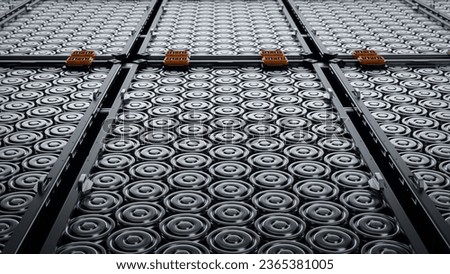 Close-up of EV Battery Cells Stacked inside Modules. Lithium-ion High-voltage Battery for Electric Vehicle or Hybrid Car. High Capacity Battery for Automotive Industry Royalty-Free Stock Photo #2365381005