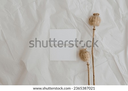 Blank card sheets, dried poppy stem, clay jar on white crumpled cloth. Copy space for mock up. Aesthetic neutral beige colours. Flat lay, top view