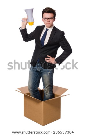 Man with loudspeaker in the box