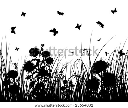 Vector grass silhouettes backgrounds with butterflies