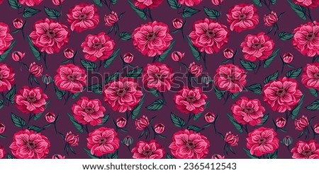 Seamless pattern with graphic spring flowers (trollius). Globe flowers vector hand drawn. Artistic, feminine, cute, geantly, colorful red flowers pattern. Template for design, textile, fashion, print
