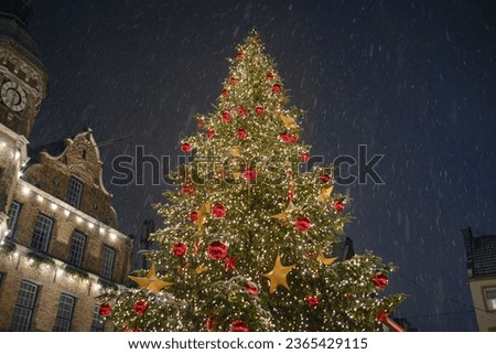 Spectacular view on the Dusseldorf town hall and Marktplatz Christmas market with a snowcapped Christmas tree. The picture was taken during light snowfall with a sensational night sky.