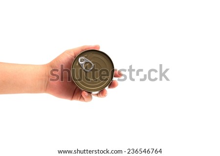 left hand holding canned food isolated on white
