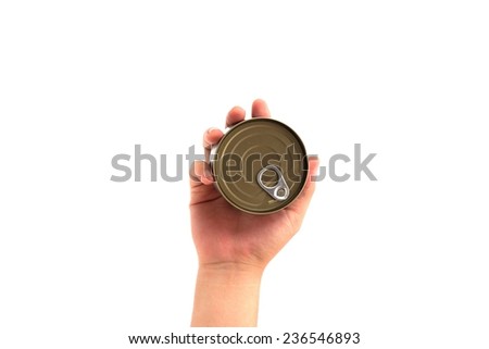 right hand holding canned food isolated on white