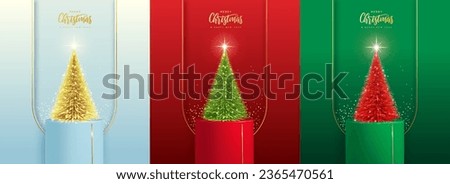 Set of holiday Christmas showcase backgrounds with 3d podium, Christmas tree and snowdrift. Vector illustration