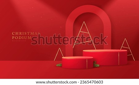 Holiday Christmas showcase red background with 3d podiums and arch. Abstract minimal scene. Vector illustration