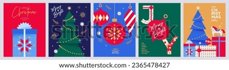 Merry Christmas and Happy New Year greeting card Set. Modern Xmas design with typography and beautiful geometric snowflakes, Christmas tree, balls and gifts. Minimal banner, poster, cover templates. Royalty-Free Stock Photo #2365478427