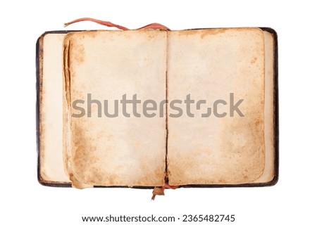 Old fashioned retro book spread open damaged stained paper with blank empty pages, antique opened book table top view, shot from above, object isolated on white background, cut out, nobody, no people  Royalty-Free Stock Photo #2365482745