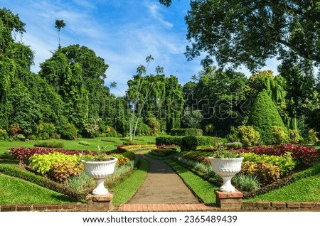 Royal Botanic Gardens, Peradeniya are about 5.5 km to the west of the city of Kandy in the Central Province of Sri Lanka. It attracts 2 million visitors annually. It is near the Mahaweli River. Royalty-Free Stock Photo #2365489439