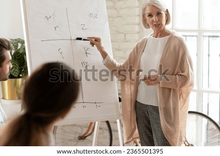 50s business woman trainer explain provide assistance, helpful information for young professionals company employees at briefing or seminar. Investor listens aged ceo negotiating gathered at boardroom Royalty-Free Stock Photo #2365501395
