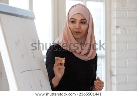 Middle eastern ethnicity arabic businesswoman in hijab stands near flip chart makes presentation for corporate staff in office. Business coach trainer working share knowledge, solutions ideas concept Royalty-Free Stock Photo #2365501441