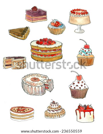 Tasty watercolor cakes illustration poster decoration pencil drawing art