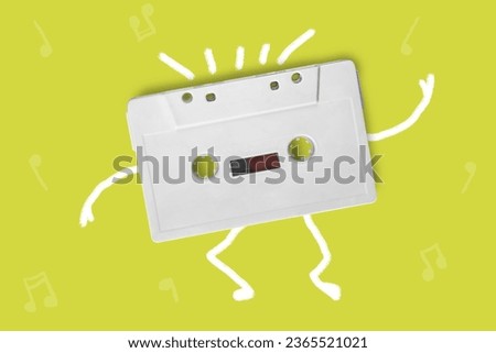 Cartoon doodle in the form of an old cassette tape dancing at a party. 