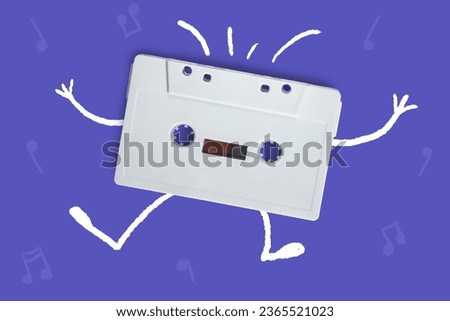 Cartoon doodle in the form of an old cassette tape dancing at a party. 