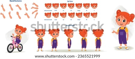 Set of cute girl character design. Character Model sheet. Front, side, back view animated character. Cute girl character creation set with various views, poses and gestures. Cartoon style, flat vector Royalty-Free Stock Photo #2365521999