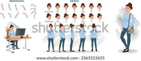 Set of Business woman character design. Character Model sheet. Front, side, back view animated character. Business girl character creation set with various views, poses and gestures. Cartoon style, fl Royalty-Free Stock Photo #2365523655