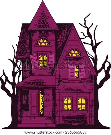A Wooden Haunted House at Night. Halloween scene. Halloween concept Vector art Royalty-Free Stock Photo #2365565889
