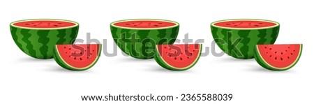 Watermelons organic fruit in half cut, slices and triangle. Red watermelon piece vector, illustration Royalty-Free Stock Photo #2365588039