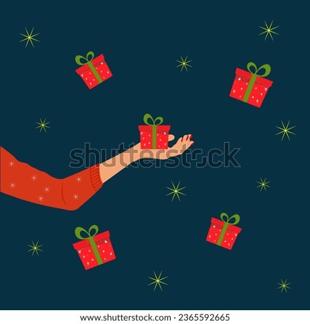 Christmas illustration - girl with gift boxes. Stock vector illustration.