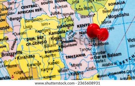 This stock image shows the location of Kenya on a world map