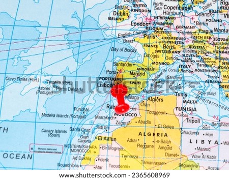 This stock image shows the location of Portugal on a world map
