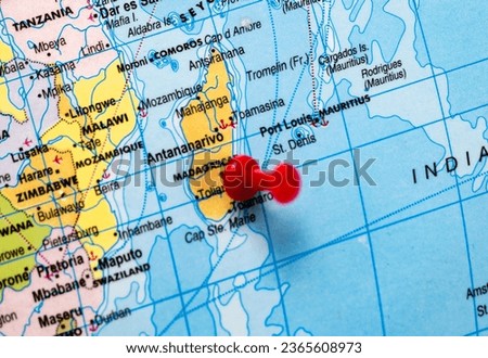 This stock image shows the location of Madagascar on a world map