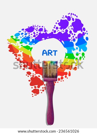 Art concept illustration. Paint brush tool and red blot as heart with rainbow drops and place in center. Heart as frame. On white background. Vector illustration. As design element,web page template.
