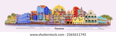 Willemstad, Curacao, Netherlands - promenade with colorful buildings at sunny day. Collage Royalty-Free Stock Photo #2365611745