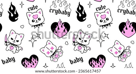 Y2k Emo Goth semless pattern. Kawaii teddy kat with flame heart. Tattoo art kitten toy with knife and fire in gothic y2k 2000s style. Vector pink and black Emo toy background for print fabric design Royalty-Free Stock Photo #2365617457