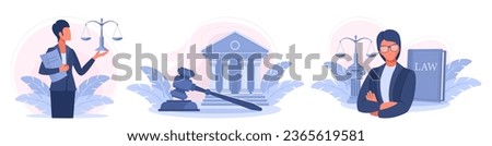 Woman lawyer with scales on the background of the court house and the law book. Concept of legal services, protection in court, justice. Set of vector illustrations of blue and violet colors. Royalty-Free Stock Photo #2365619581