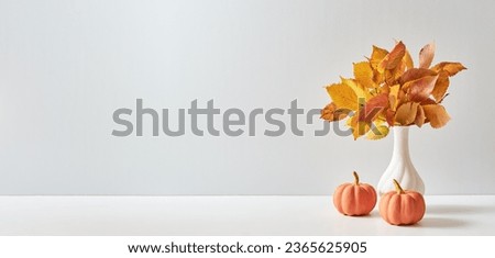 Home interior with decor elements. Colorful autumn leaves in a vase on a light background. Mock up for displaying works