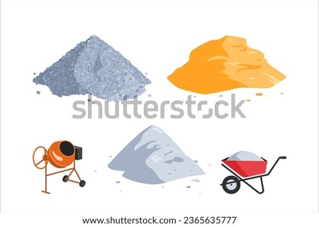 Concrete production elements. Piles of sand, cement, gravel, a wheelbarrow and a mixer. Construction site concept. Vector cartoon icons isolated on a white background. Royalty-Free Stock Photo #2365635777