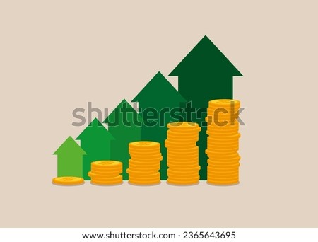 Green up arrows and coin stacks. Flat vector illustration