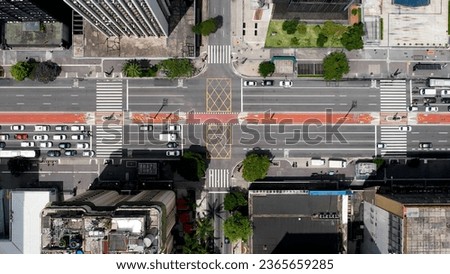 Top view of Paulista avenue at downtown Sao Paulo Brazil. Stunning landscape of landmark avenue of city. Urban aerials. Royalty-Free Stock Photo #2365659285